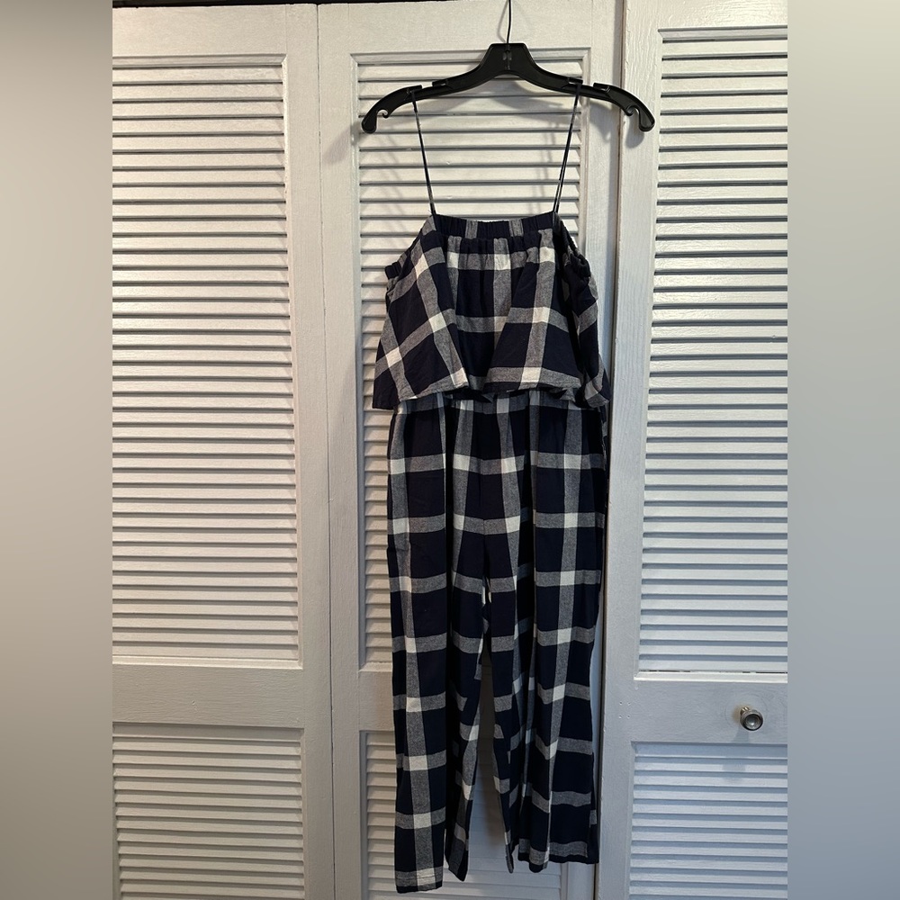 Mango Navy Checkered Jumpsuit